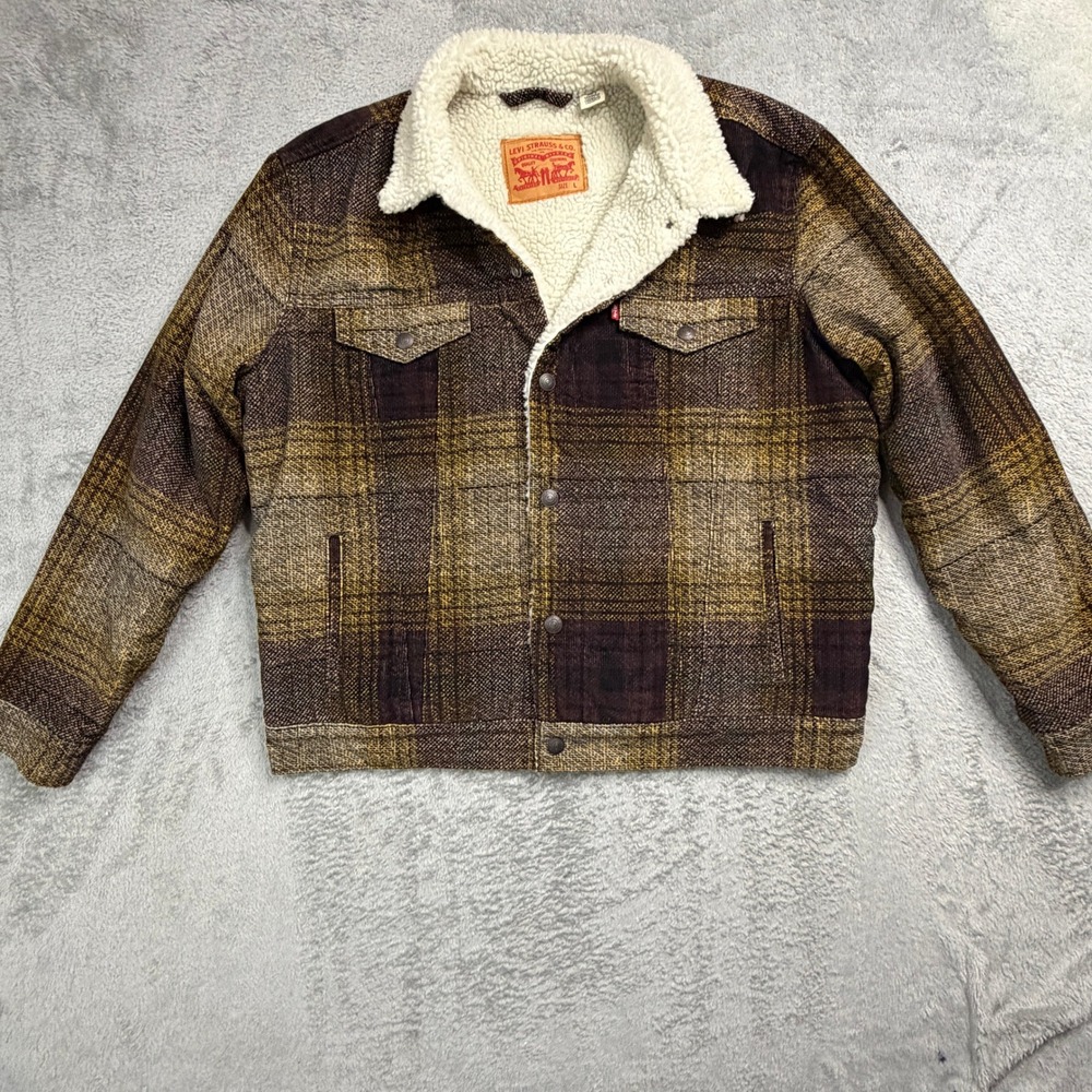 Levis Mens Sherpa Lined Plaid Trucker Jacket Brown Purple 16365-0168 Size L - Picture 2 of 11